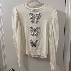 Elegant White Sweater with Silver Sequin Bows